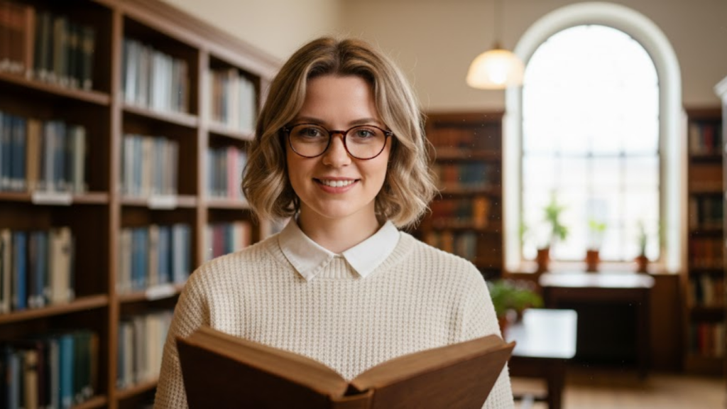 Maia LaFortezza posing in a classic NYC academic aesthetic look