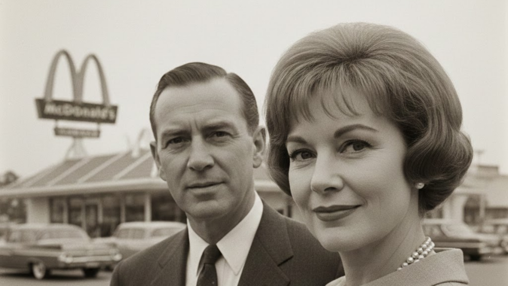 A 1960s style black and white portrait representing Jane Dobbins Green and Ray Kroc during the peak of McDonald's expansion.